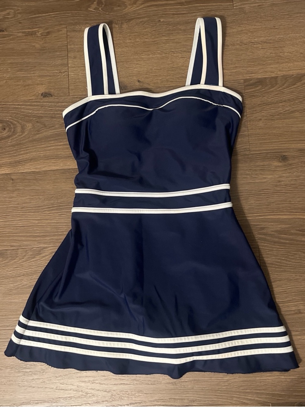 Navy Blue Swimdress with White Trim
